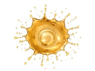 A metallic gold splash with perfectly spherical droplets frozen in mid-air, set against a clean white background. The high-gloss finish creates a luxurious and dynamic look.