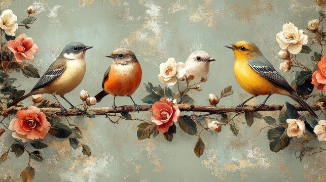 Four birds perched on rose branch, textured background, home decor