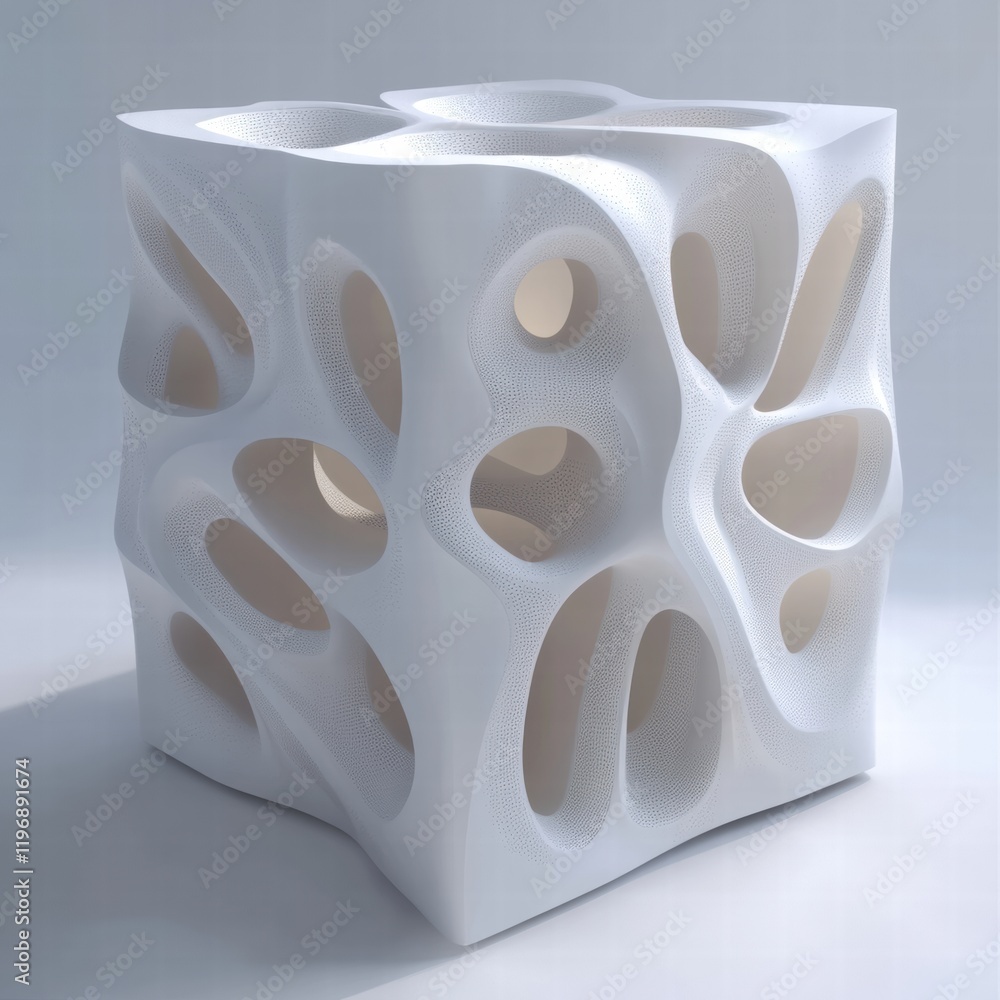 Poster modern sculptural design featuring a white abstract geometric structure with organic openings and fo