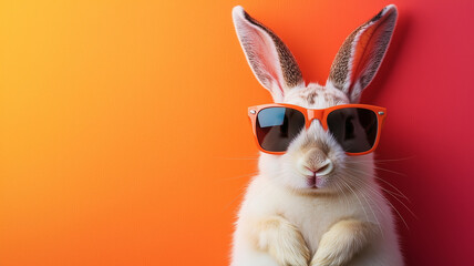 Fototapeta premium White Easter bunny in sunglasses on orange background, close-up. Generated by artificial intelligence.