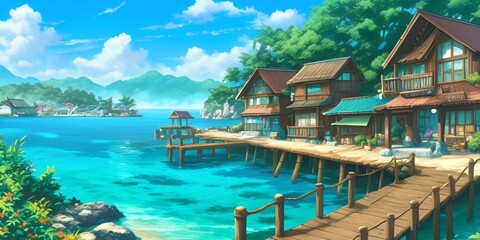Fototapeta premium Tropical Island Waterfront Village . Anime style