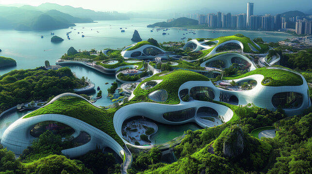 Aerial view of a futuristic coastal city with curved buildings, green rooftops, and ocean views - Powered by Adobe