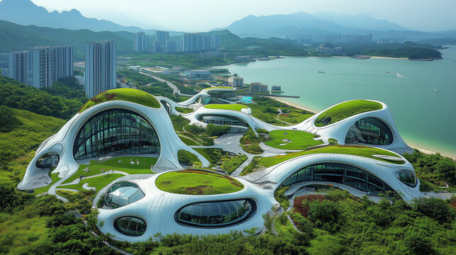 Aerial view of a futuristic coastal city with curved buildings, green rooftops, and ocean views