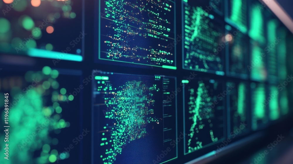 Poster abstract data visualization with digital screens glowing in blue and green light in a modern office 