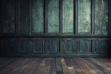 Old wooden Victorian-style wall panel in dark teal tones