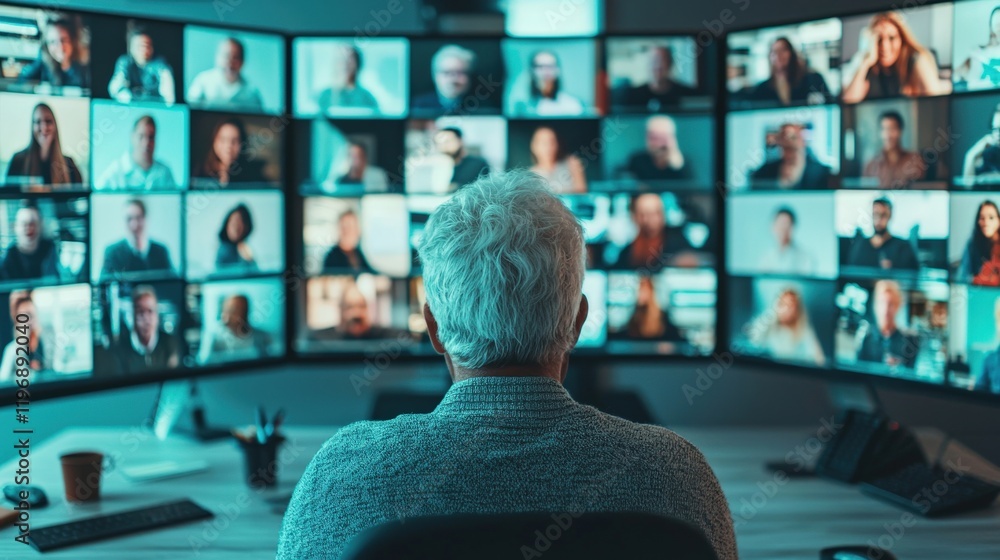 Poster professional man engaging in virtual meetings with multiple displays in a modern office environment