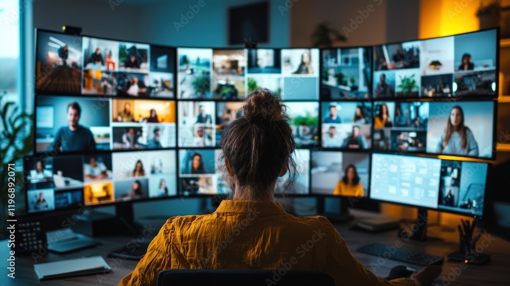 Poster person engaged in virtual meetings with multiple monitors displaying video conferencing calls