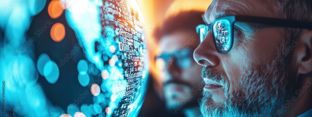 Poster close-up view of man with glasses gazing at digital globe with data visualizations in futuristic env