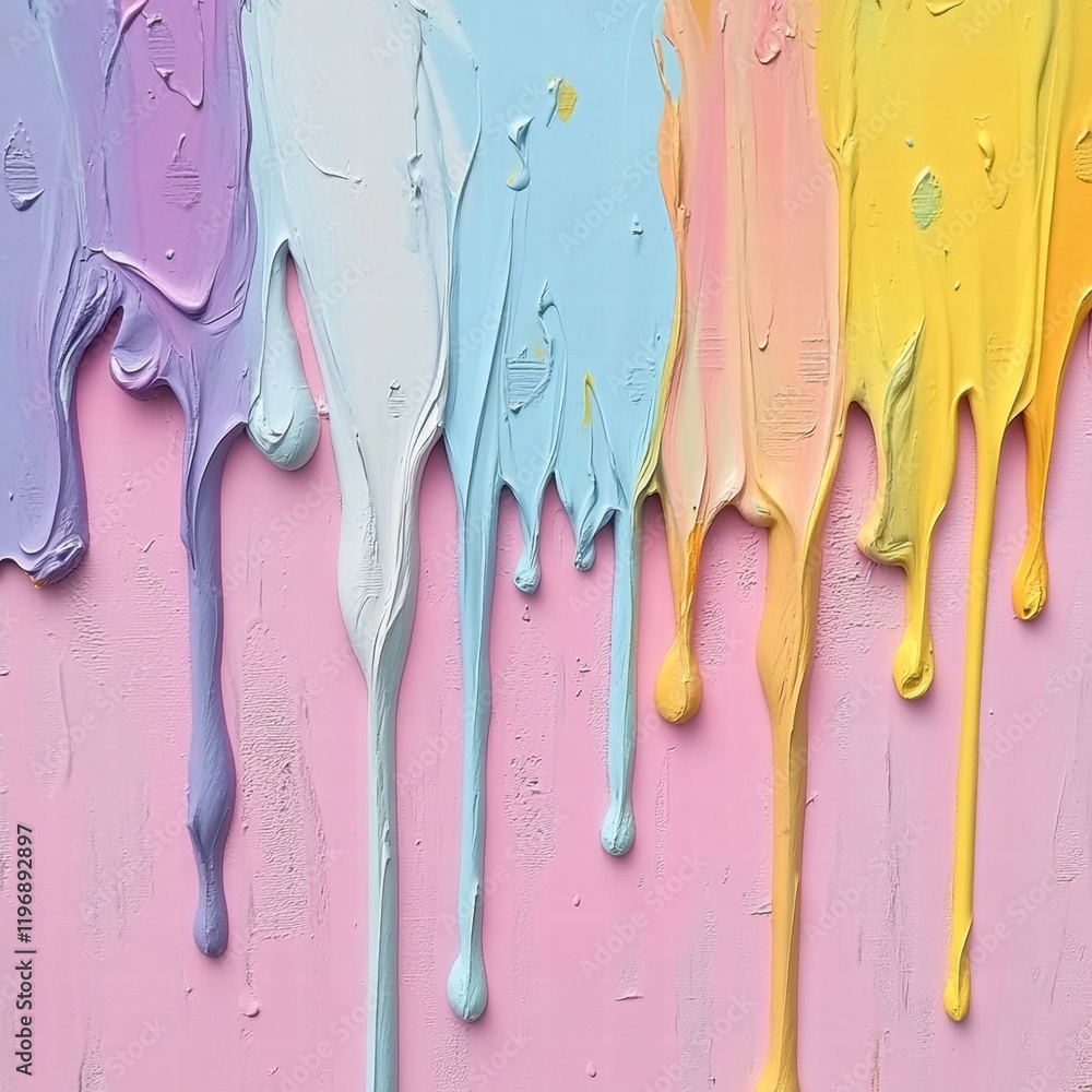 Poster colorful paint drips creating an artistic background in various pastel shades on a canvas. generativ