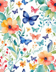 Dynamic spring pattern, vibrant flowers, fresh leaves, and butterflies, saturated colors, seamless design, capturing the lively energy of blooming nature and sunny days.