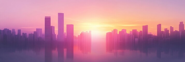 Fototapeta premium Stunning sunrise over a modern city skyline with vibrant colors creating a serene atmosphere for inspiration. Generative AI