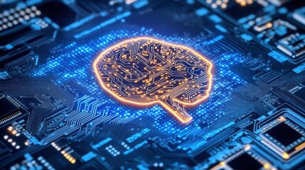 Futuristic Digital Brain Design with Circuit Board Elements Representing Artificial Intelligence and Modern Technology Concepts in a Blue Tech Background