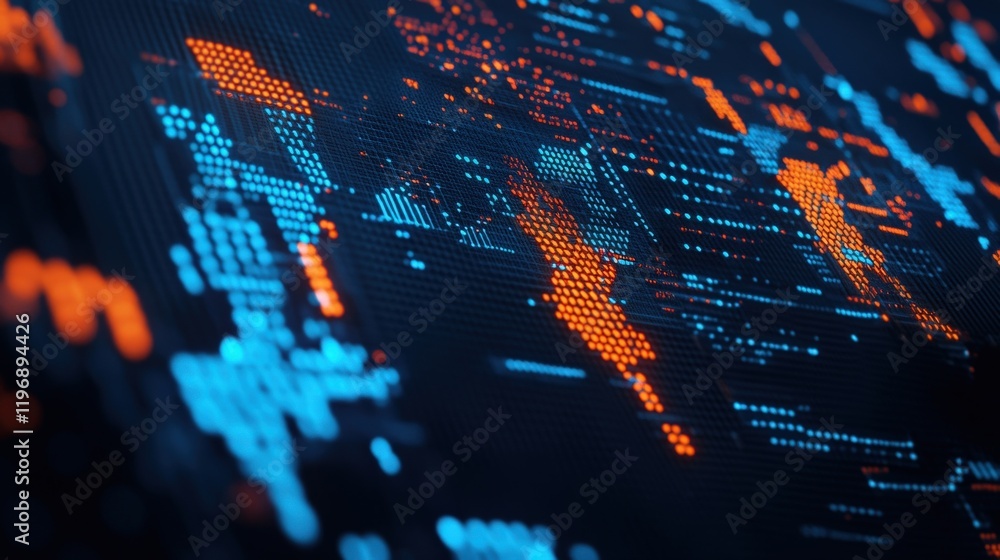 Poster abstract digital world map with bright blue and orange dots representing global connectivity and dat