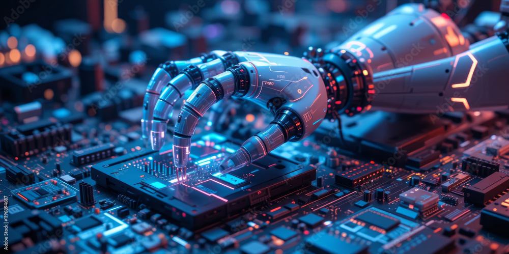 Poster robotic arm interacting with circuit board: advanced technology and artificial intelligence
