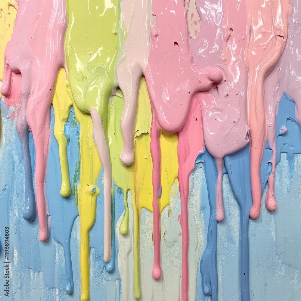 Poster vibrant paint drips create a colorful abstract art piece on canvas in a creative studio environment.