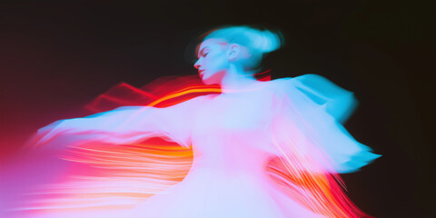 graceful woman dancer in motion blur with vibrant neon light painting effects, capturing artistic fluidity, glowing colors, and experimental elegance on a dark background