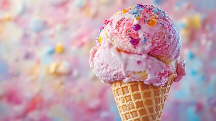 An Artistic Representation of a Colorful Ice Cream Cone with Waffle Patterns and Tasty Toppings