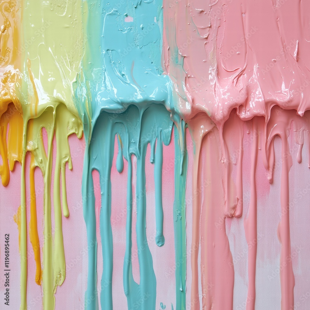 Poster colorful paint drips create an abstract art display against a light background in a creative studio 
