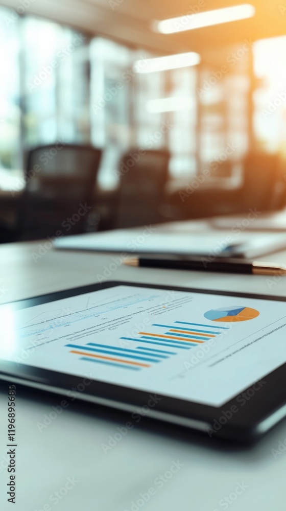 Aufkleber business analytics displayed on tablet with bar graphs and pie charts in modern office environment