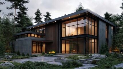 Fototapeta premium Modern Luxury House in a Wooded Setting