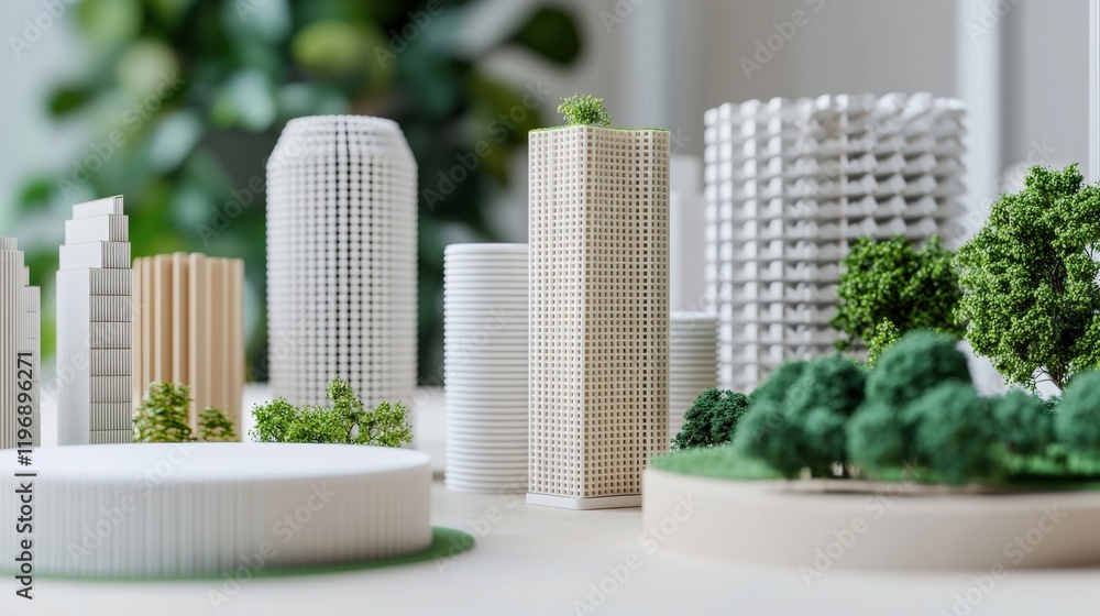Poster Architectural Model Showcase Featuring Miniature Buildings and Lush Greenery in a Modern Design Setting