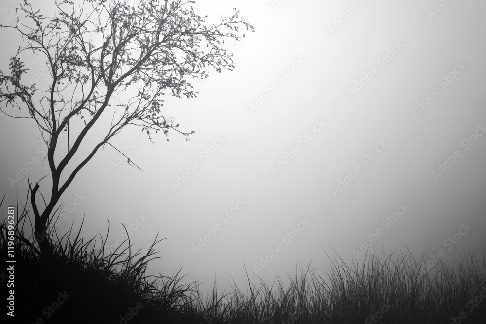 Poster Atmospheric landscape featuring a solitary tree in fog with ample space for creative text and design elements. Generative AI