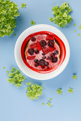 Berry Chia Pudding with Red Sauce on a Light Blue Background with Green Floral Accents