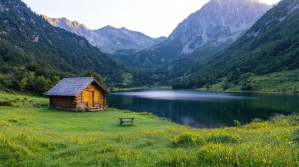 Fototapeta premium Mountain cabin by lake, sunrise; idyllic nature scene for travel brochures