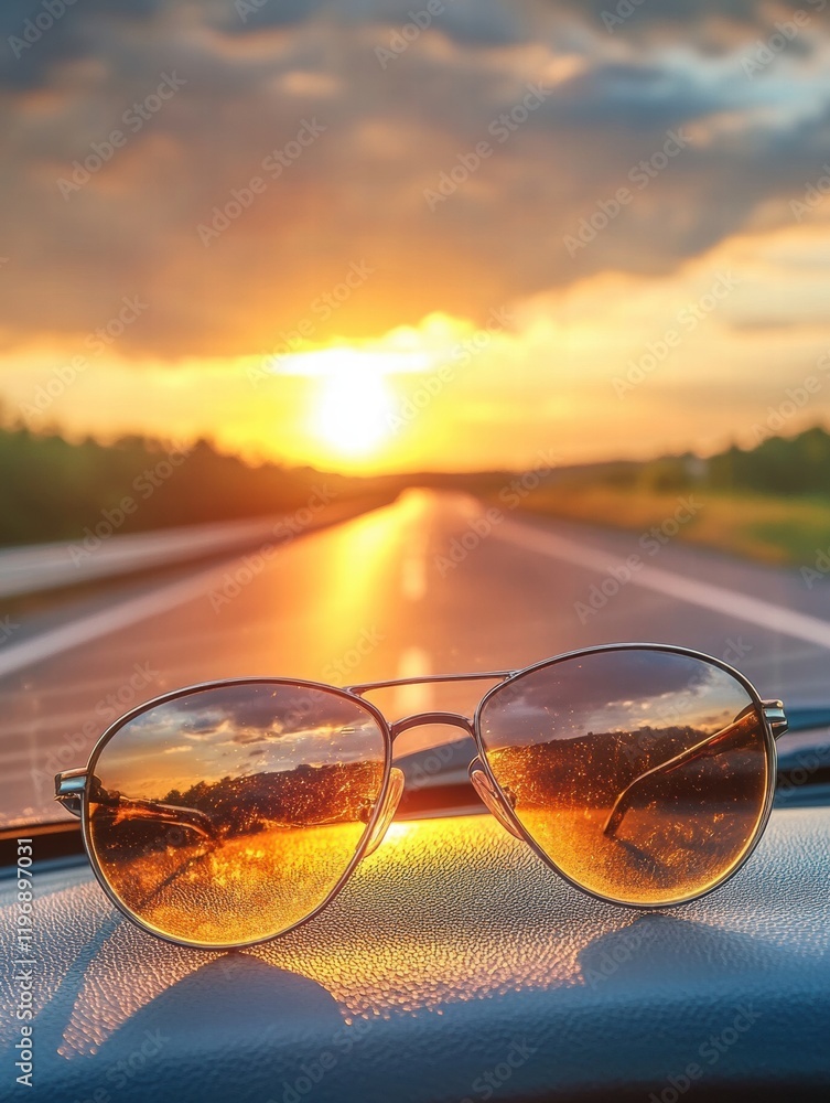 Aufkleber sunset reflection on sunglasses with open road in background during golden hour. generative ai