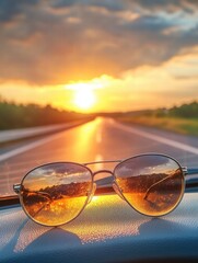 Sunset reflection on sunglasses with open road in background during golden hour. Generative AI