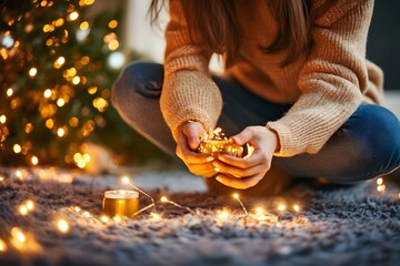 Cozy Christmas  Woman Decorating with Fairy Lights