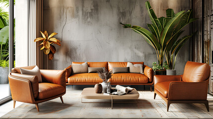 Modern design of the living room with a brown sofa and eco-leather armchairs, soft pillows, a table, a gray wall and a potted houseplant