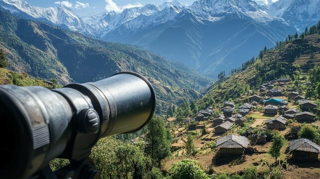 Telescope views mountain village, snowy peaks.