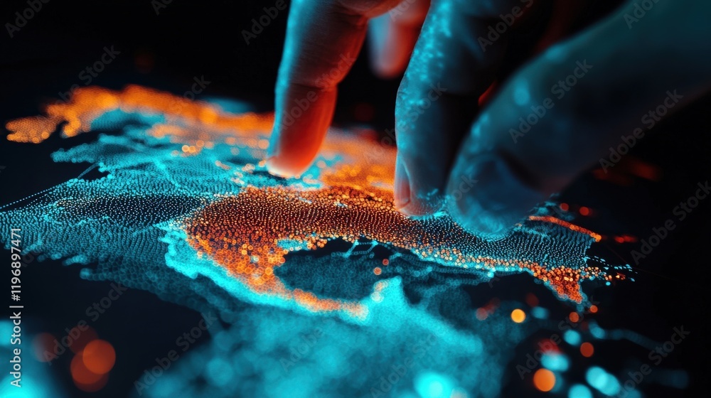Aufkleber hands interacting with colorful digital map rendered in neon lights and vivid particles on dark back
