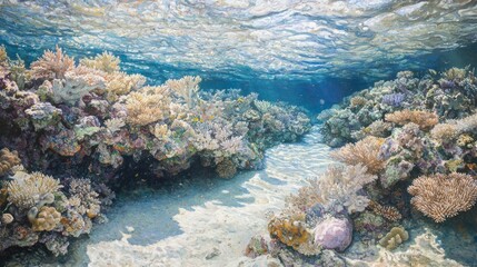 Naklejka premium Vibrant coral reef teeming with marine life under sunlit shallow water.