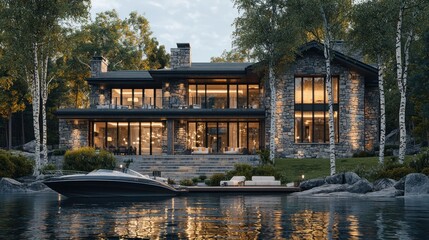 Obraz premium Luxury waterfront house at dusk.