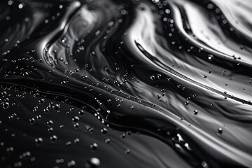 A smooth black surface is adorned with glistening droplets of water, creating a dynamic visual effect. The texture appears fluid and reflective, enhanced by soft lighting that highlights the curves