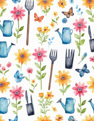Cute spring seamless pattern, cartoon-style flowers, butterflies, and garden tools, bright colors, playful and cheerful atmosphere, perfect for a fun seasonal vibe.