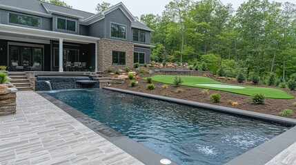 Luxury Backyard Oasis: Modern Home with Infinity Pool and Putting Green