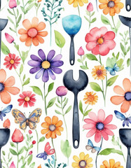 Cute spring seamless pattern, cartoon-style flowers, butterflies, and garden tools, bright colors, playful and cheerful atmosphere, perfect for a fun seasonal vibe.