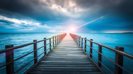 Fototapeta premium Serene wooden pier extending to sunlit ocean.