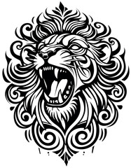 Drawing of Lion Head with Ornamental Decoration - Black and White Illustration as a Tattoo or Logo Isolated on White Background, Vector
