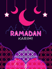 Ramadan Kareem.  Vector bright illustration of mosque, crescent, stars,pattern for greeting card, poster or background