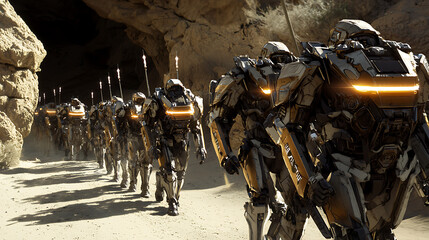 A group of robots are walking in a desert. generated by AI
