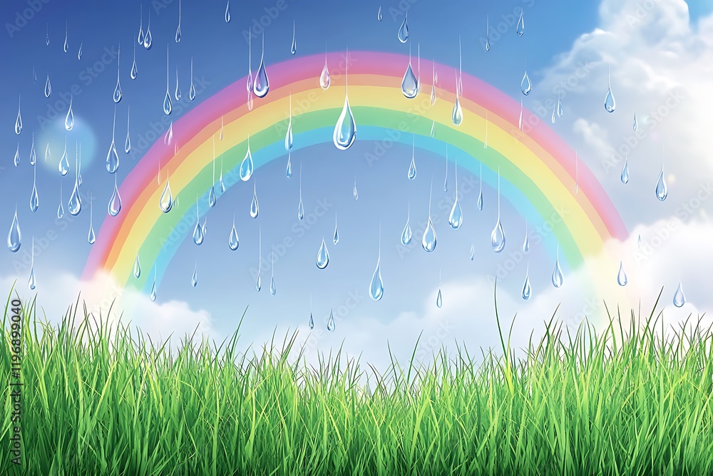 Wall mural Rainbow and Rain on Lush Green Grass