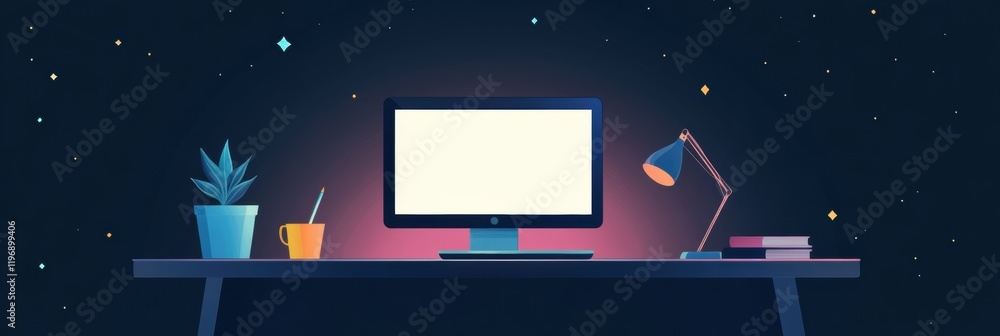 Poster a desk features a blank computer screen, a plant, a lamp, and books, all set against a starry night 