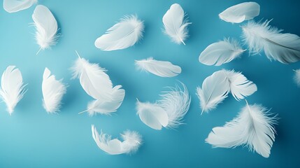 Naklejka premium Elegant Floating Fluffy White Feathers Against a Vast Blue Background Showcasing Minimalist Abstract Beauty
