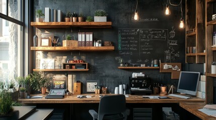 A creative workspace with floating shelves, a chalkboard wall, ergonomic furniture, and natural lighting. 