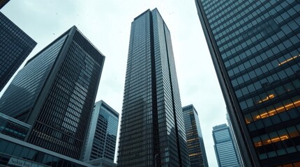 Toronto's Financial District skyscrapers under gentle, soft light diffused shadows, subtle illumination, detailed focus,