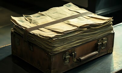 Aged suitcase overflowing with old papers.